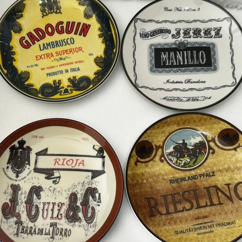 World Market Set of 6 Porcelain Wine Label Appetizer Plates 6